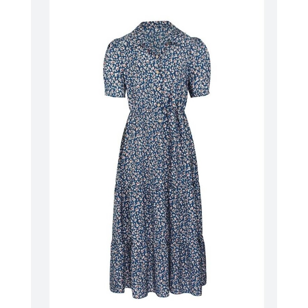 NWOT Dress Midi Blue Floral V Neck Tiered Short Sleeve Floral Button Fro…